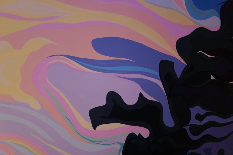Detail of the hand-painted Liquid Sky mural, acrylic